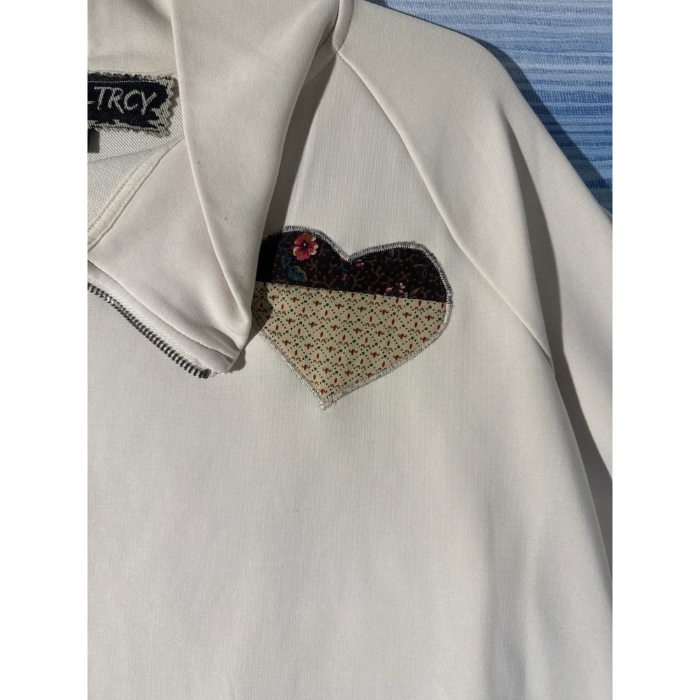 Upcycled Moto Sweatshirt Off White Quilt Star Heart Applique Patchwork Womens M - Picture 2 of 8